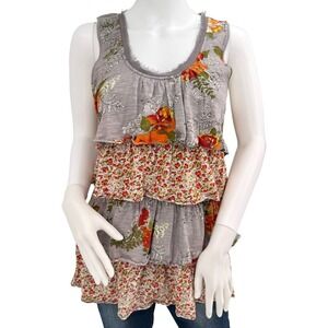 RIC RAC Anthropologie Medium Tank Top Grey Floral Tiered Ruffle Cotton Boho FLAW